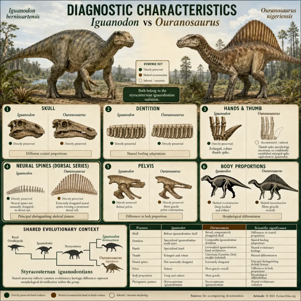 Iguanodon vs Ouranosaurus diagnostic characteristics showing differences in skulls, dentition, hands, neural spines, pelvis and body proportions