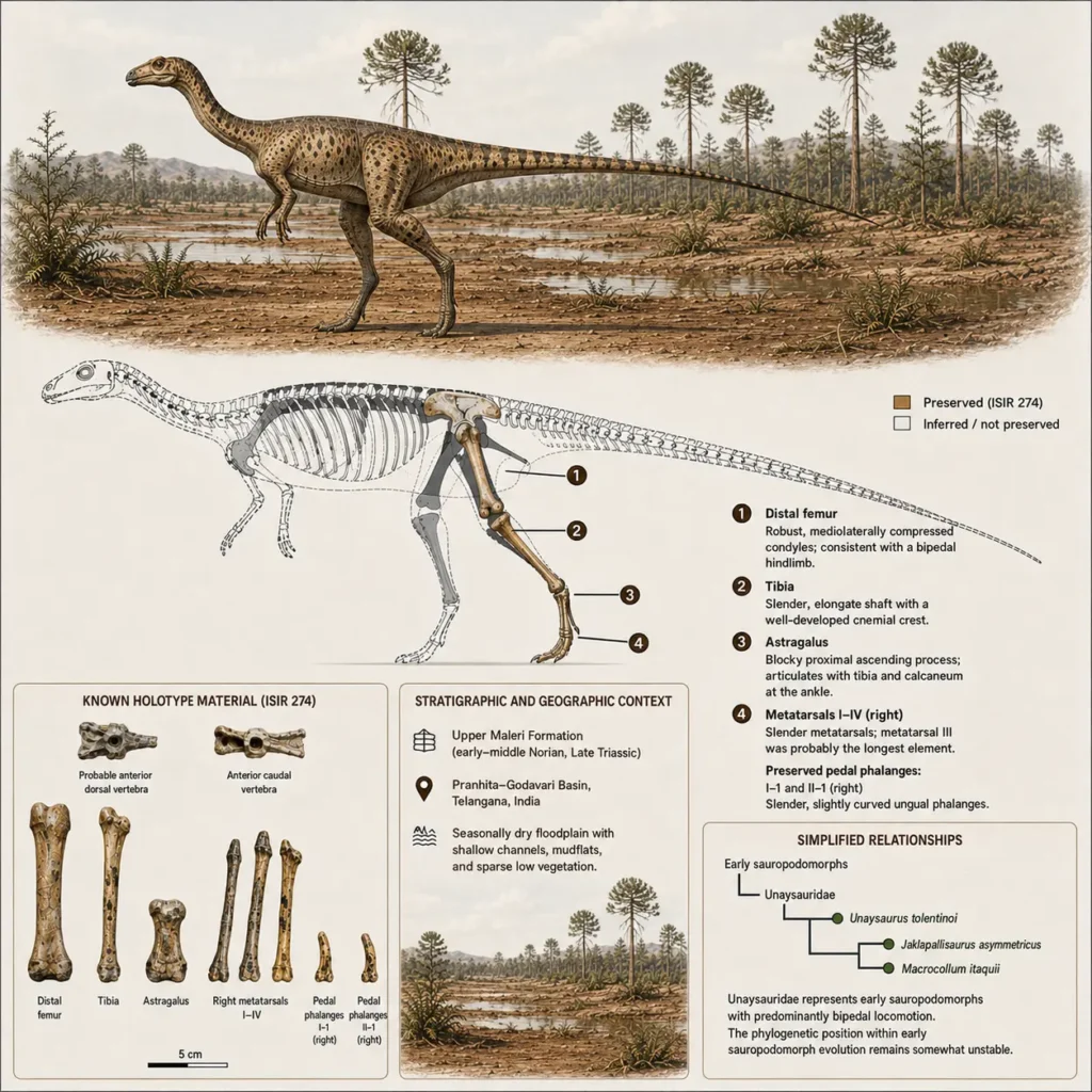 Scientific reconstruction and partial skeleton of Jaklapallisaurus asymmetricus showing preserved holotype elements from the Upper Maleri Formation of India