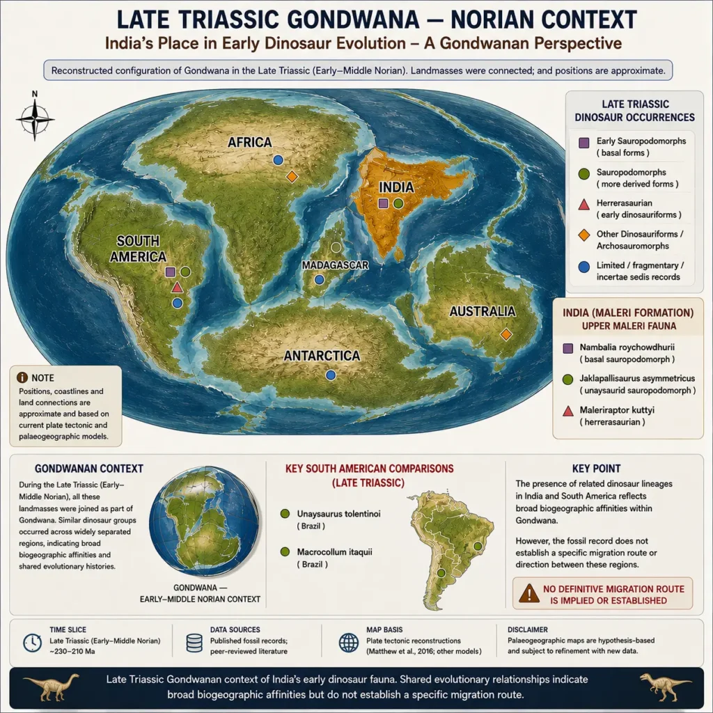 Late Triassic Gondwana palaeogeographic map showing India and South American dinosaur biogeographic comparisons