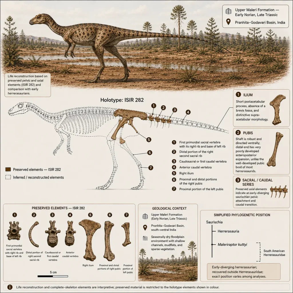 Scientific reconstruction and partial skeleton of Maleriraptor kuttyi showing preserved holotype elements ISIR 282 from the Upper Maleri Formation of India