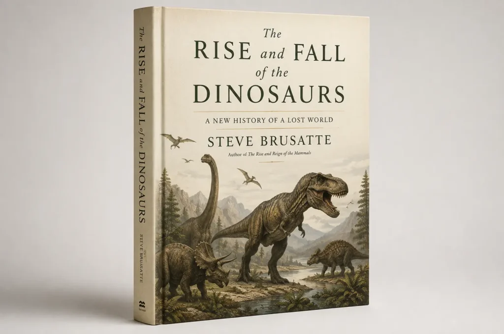 Editorial image of The Rise and Fall of the Dinosaurs by Steve Brusatte, featuring a prehistoric dinosaur landscape on a cream-colored book cover
