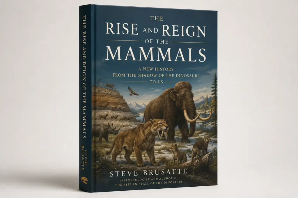 Editorial image of The Rise and Reign of the Mammals by Steve Brusatte, featuring a woolly mammoth, saber-toothed predator, and other prehistoric mammals on a deep-blue cover
