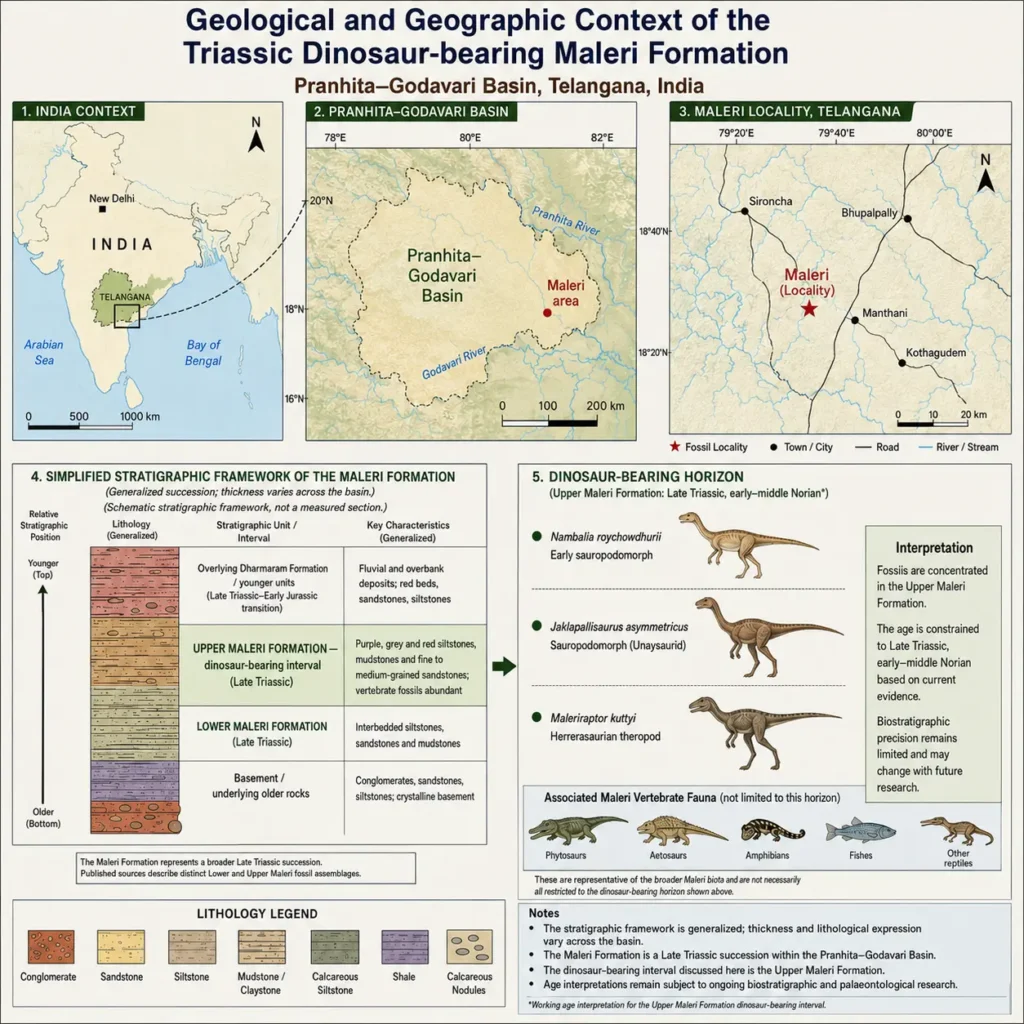 Geological and geographic context of the Triassic dinosaur-bearing Maleri Formation in the Pranhita–Godavari Basin, Telangana, India