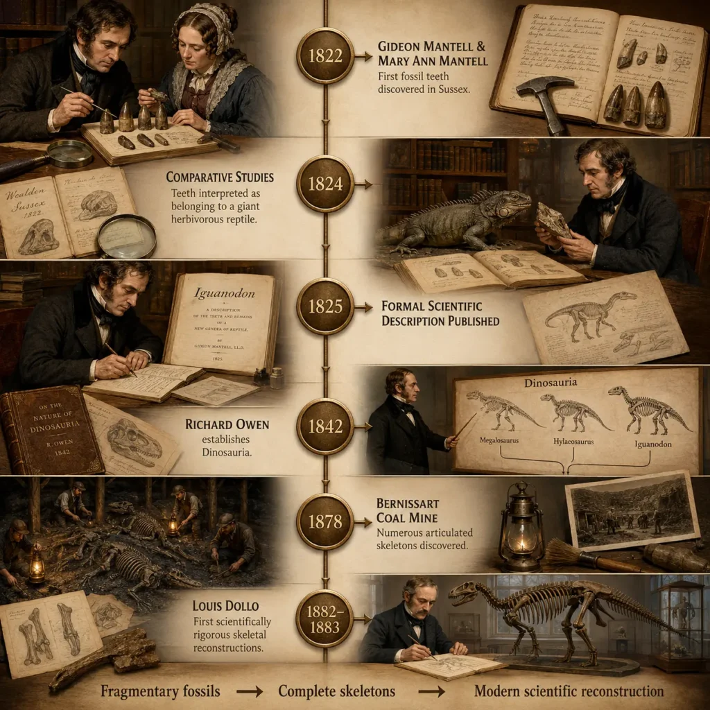Historical timeline illustrating the discovery of Iguanodon, from Gideon and Mary Ann Mantell's fossil teeth in 1822 to Richard Owen's Dinosauria, the Bernissart discoveries, and Louis Dollo's scientific skeletal reconstructions.