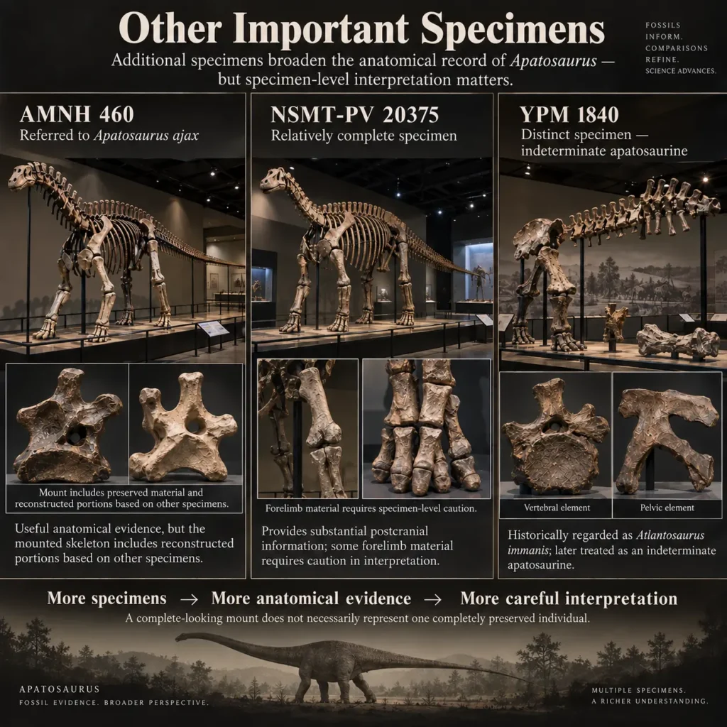 Apatosaurus specimen comparison showing AMNH 460, NSMT-PV 20375, and YPM 1840, illustrating additional anatomical evidence and the importance of specimen-level interpretation.