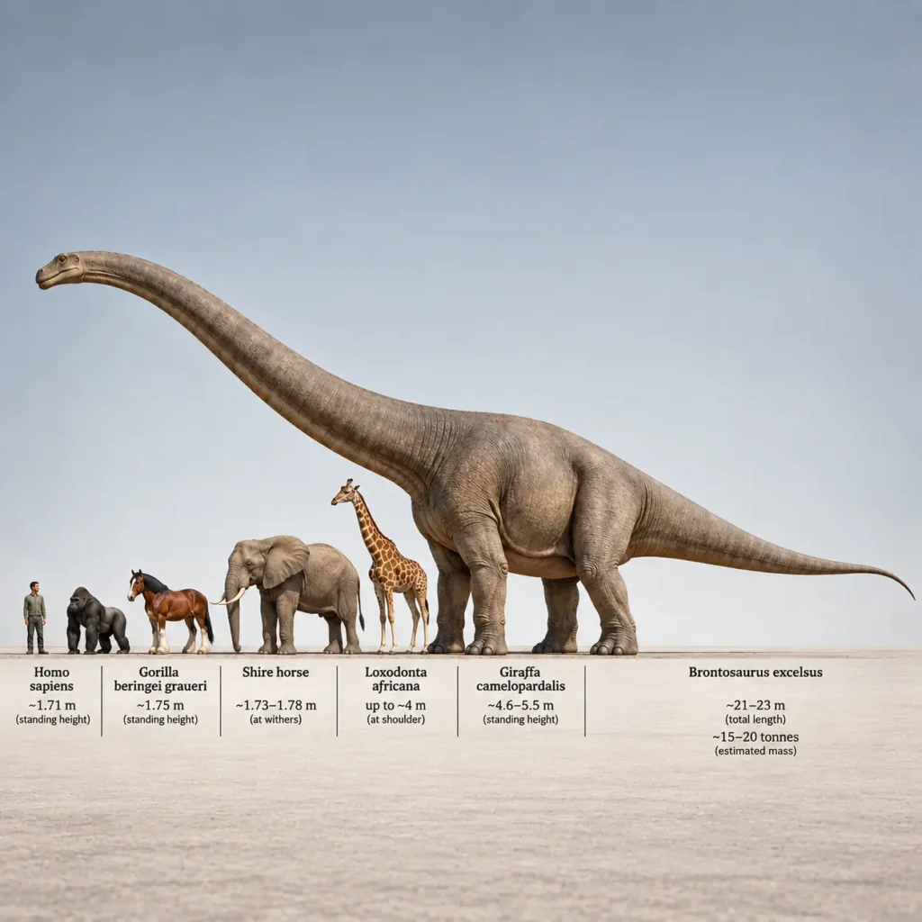Brontosaurus excelsus compared at scale with a giraffe, African savanna elephant, eastern lowland gorilla, Shire horse, and adult human, showing its exceptional body length and estimated mass.**