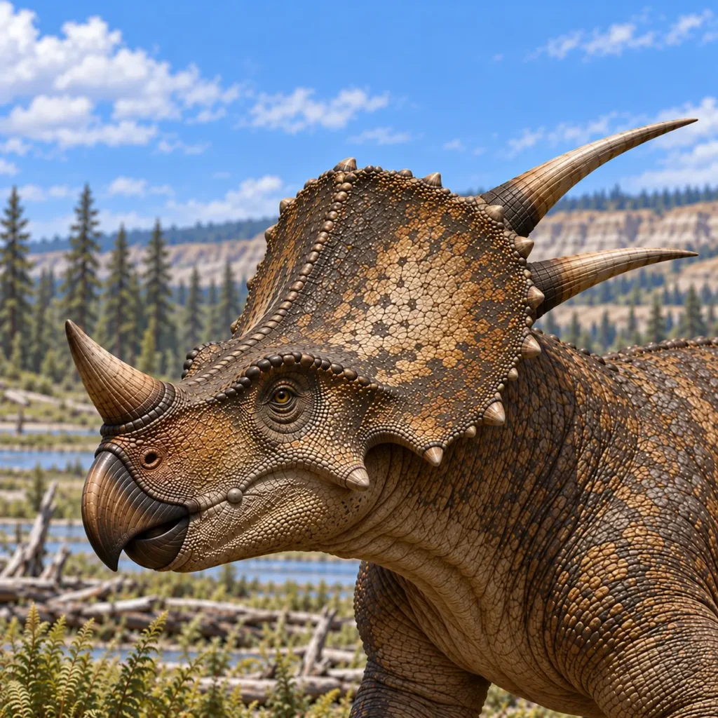 Close reconstruction of Styracosaurus albertensis showing its prominent nasal horn, large frill, and characteristic posterior and lateral frill spikes.