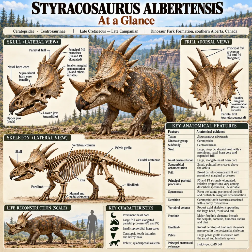 Styracosaurus albertensis anatomical infographic showing skull, nasal horn, elongated frill spikes, skeleton, vertebral column, ribs, limbs, and key anatomical features.