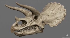 Lateral view of a Triceratops skull showing the large frill, brow horns, nasal horn, and tightly packed dental battery.