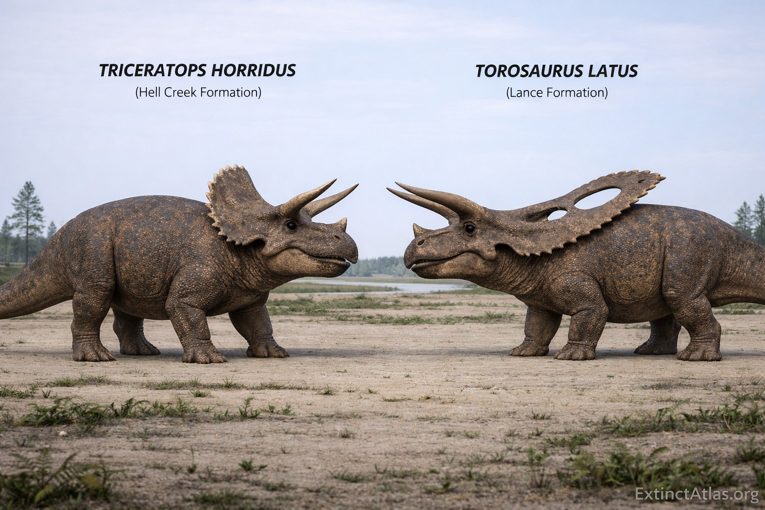Side-by-side comparison of Triceratops horridus and Torosaurus latus showing differences in frill structure, including solid versus fenestrated frill.