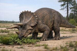 Photorealistic Triceratops horridus feeding on ferns in the Hell Creek Formation, showing three-horned skull, large frill, and quadrupedal stance