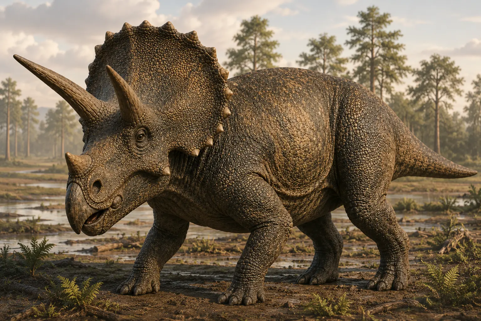 SEO alt tag: Photorealistic reconstruction of Triceratops horridus in the Late Cretaceous Hell Creek floodplain
