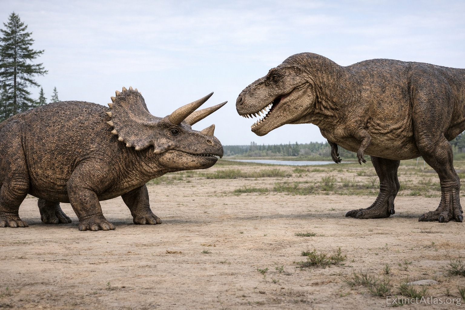 Photorealistic Triceratops horridus and Tyrannosaurus rex facing each other in Hell Creek Formation, showing accurate body proportions, robust skulls, and realistic musculature
