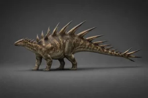 Photorealistic anatomical illustration of Kentrosaurus aethiopicus in three-quarter profile showing shoulder spikes, reduced anterior plates, progressively larger dorsal and tail spikes, and a four-spiked thagomizer on a neutral background