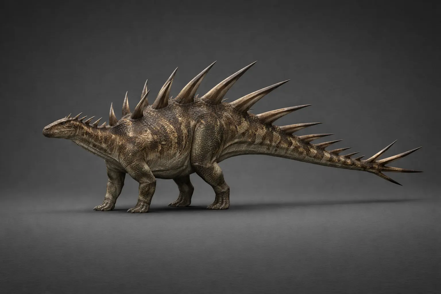 Photorealistic anatomical illustration of Kentrosaurus aethiopicus in three-quarter profile showing shoulder spikes, reduced anterior plates, progressively larger dorsal and tail spikes, and a four-spiked thagomizer on a neutral background
