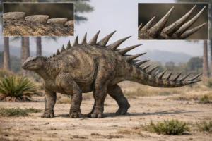 Photorealistic Kentrosaurus aethiopicus showing dorsal osteoderm transition from low flattened anterior plates to elongated posterior tail spikes in a Late Jurassic Tendaguru floodplain environment with anatomical inset close-ups