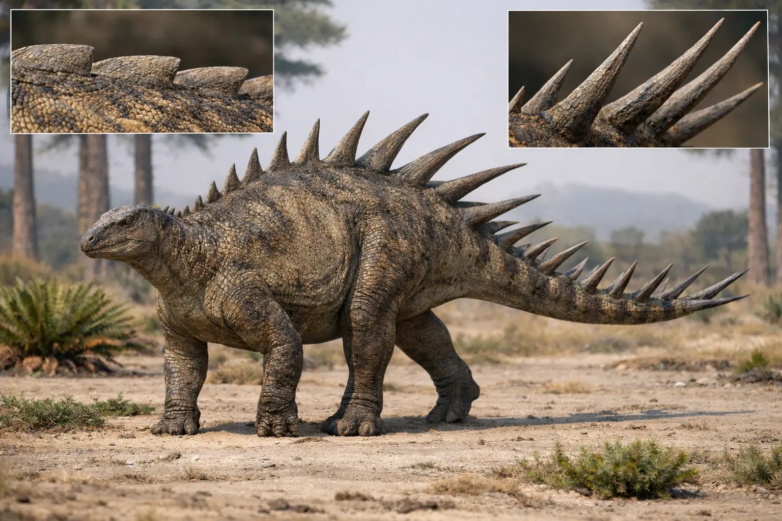Photorealistic Kentrosaurus aethiopicus showing dorsal osteoderm transition from low flattened anterior plates to elongated posterior tail spikes in a Late Jurassic Tendaguru floodplain environment with anatomical inset close-ups