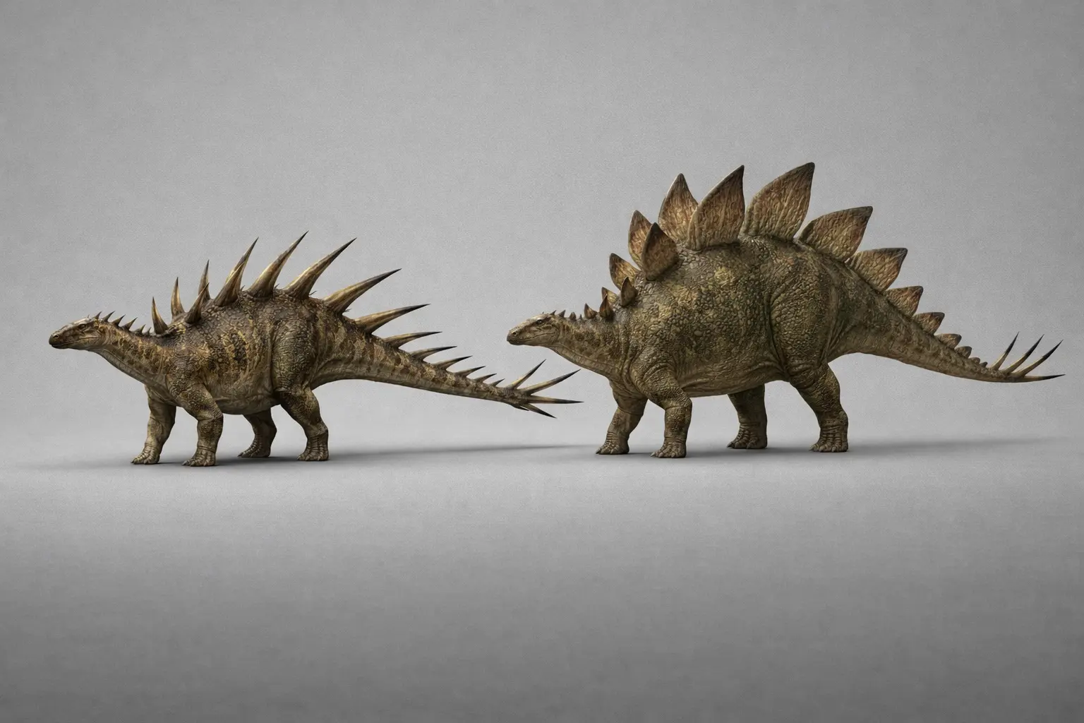 Side-by-side photorealistic comparison of Kentrosaurus aethiopicus and Stegosaurus stenops at accurate scale, highlighting Kentrosaurus’s long tail and spike-dominated armor with shoulder spikes versus Stegosaurus’s large dorsal plates and heavier body structure