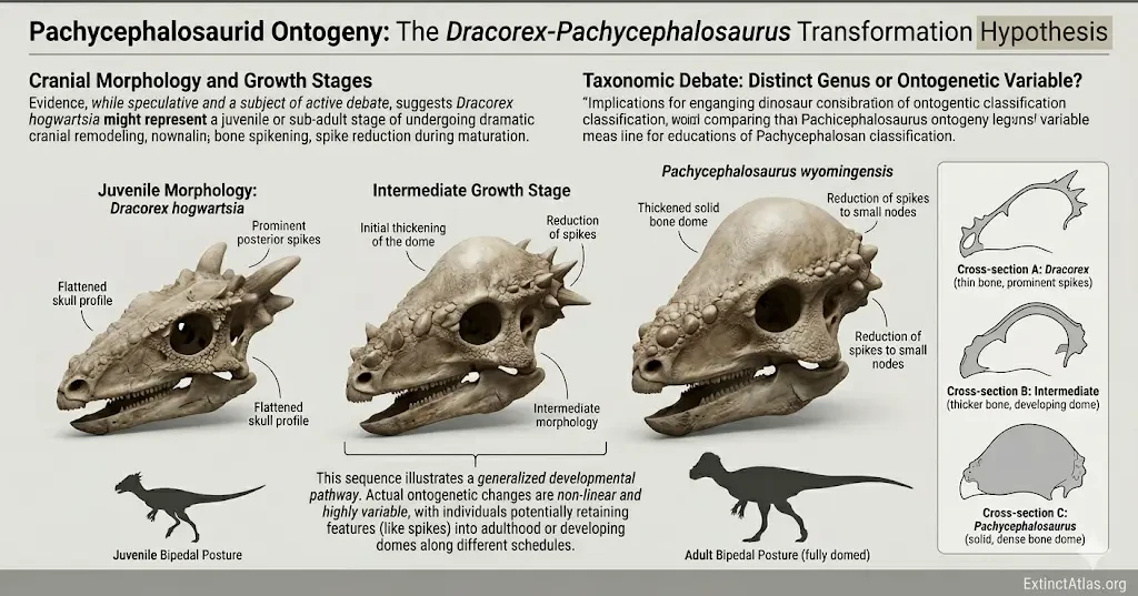 A museum-style infographic illustrating the ontogenetic transformation hypothesis of pachycephalosaurid dinosaurs. The image shows three photorealistic skulls arranged left-to-right: a flat-headed juvenile (Dracorex morphology) with slightly softened spikes, an intermediate growth stage, and a fully domed adult (Pachycephalosaurus). Diagrams and text callouts highlight bone densification and spike reduction, while captions emphasize that this non-linear developmental pathway is a speculative hypothesis subject to taxonomic debate.