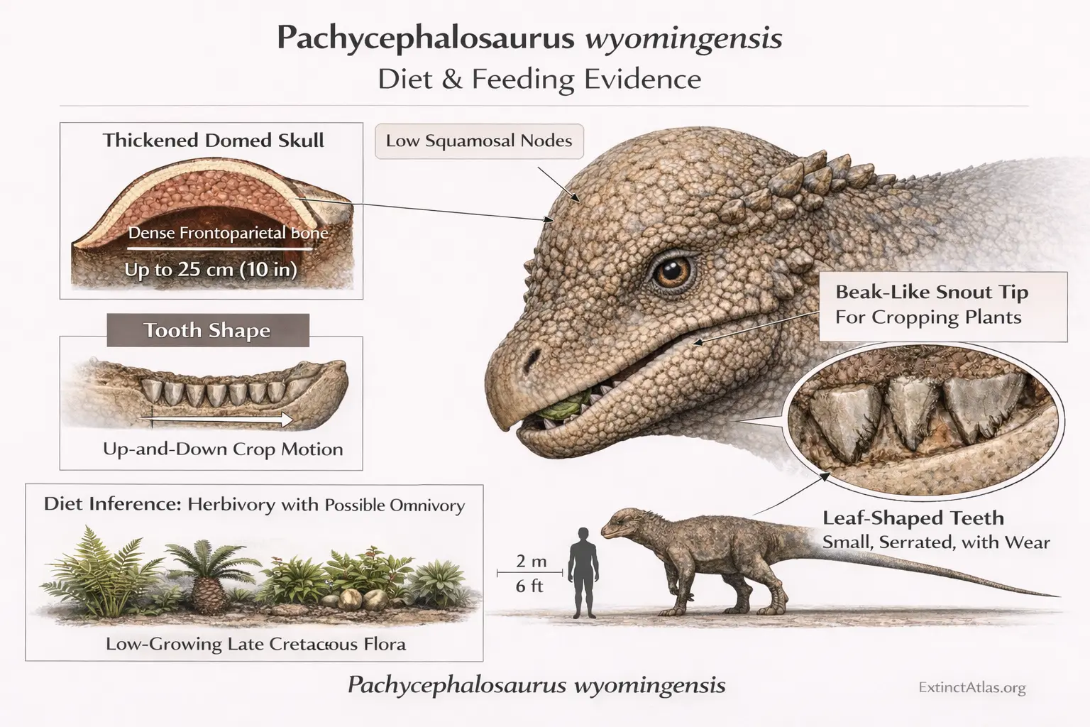 Semi-infographic scientific reconstruction of Pachycephalosaurus wyomingensis highlighting feeding anatomy, including keratinous beak-like snout, leaf-shaped teeth with wear, refined domed skull texture with low squamosal nodes, enlarged torso, extended stiff tail, and Late Cretaceous low-growing flora, with labeled jaw motion and diet inference (primarily herbivory, possible omnivory).