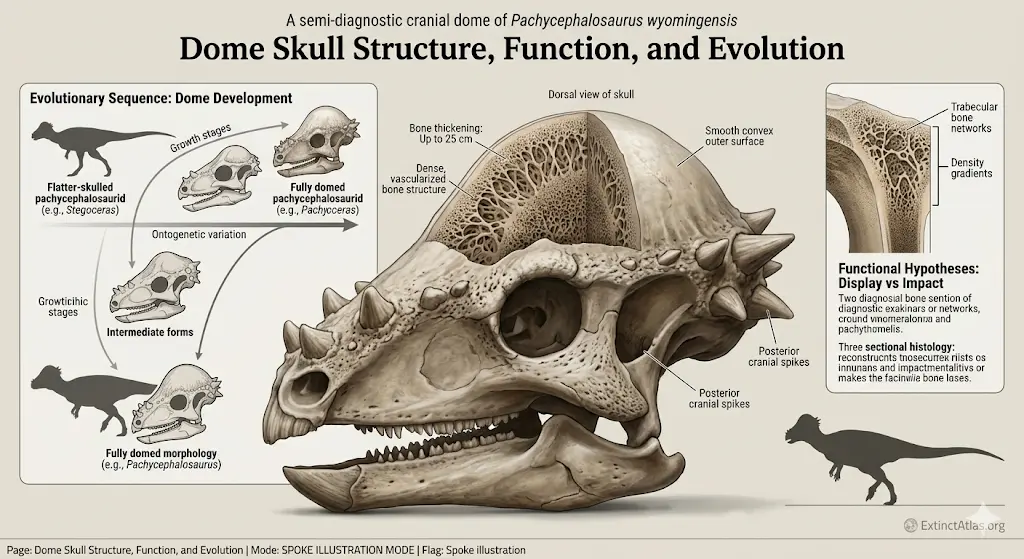 Semi-infographic showing Pachycephalosaurus dome skull structure with cross-section of thick bone, labeled anatomy, and evolutionary development from flat-headed ancestors to fully domed skulls