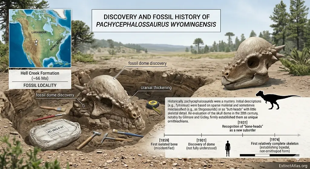 A semi-infographic photorealistic rendering of a Pachycephalosaurus wyomingensis fossil excavation in the Hell Creek Formation. The image features a partially unearthed domed skull in a sedimentary pit surrounded by paleontological tools like brushes and a plaster field jacket. A fully reconstructed skull and a bipedal silhouette are shown for reference, alongside a discovery timeline from 1859 to 1974 and a paleomap of Laramidia.