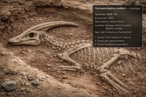 Parasaurolophus fossil discovery showing holotype specimen ROM 768 in excavation with labeled inset describing fossil details and origin.