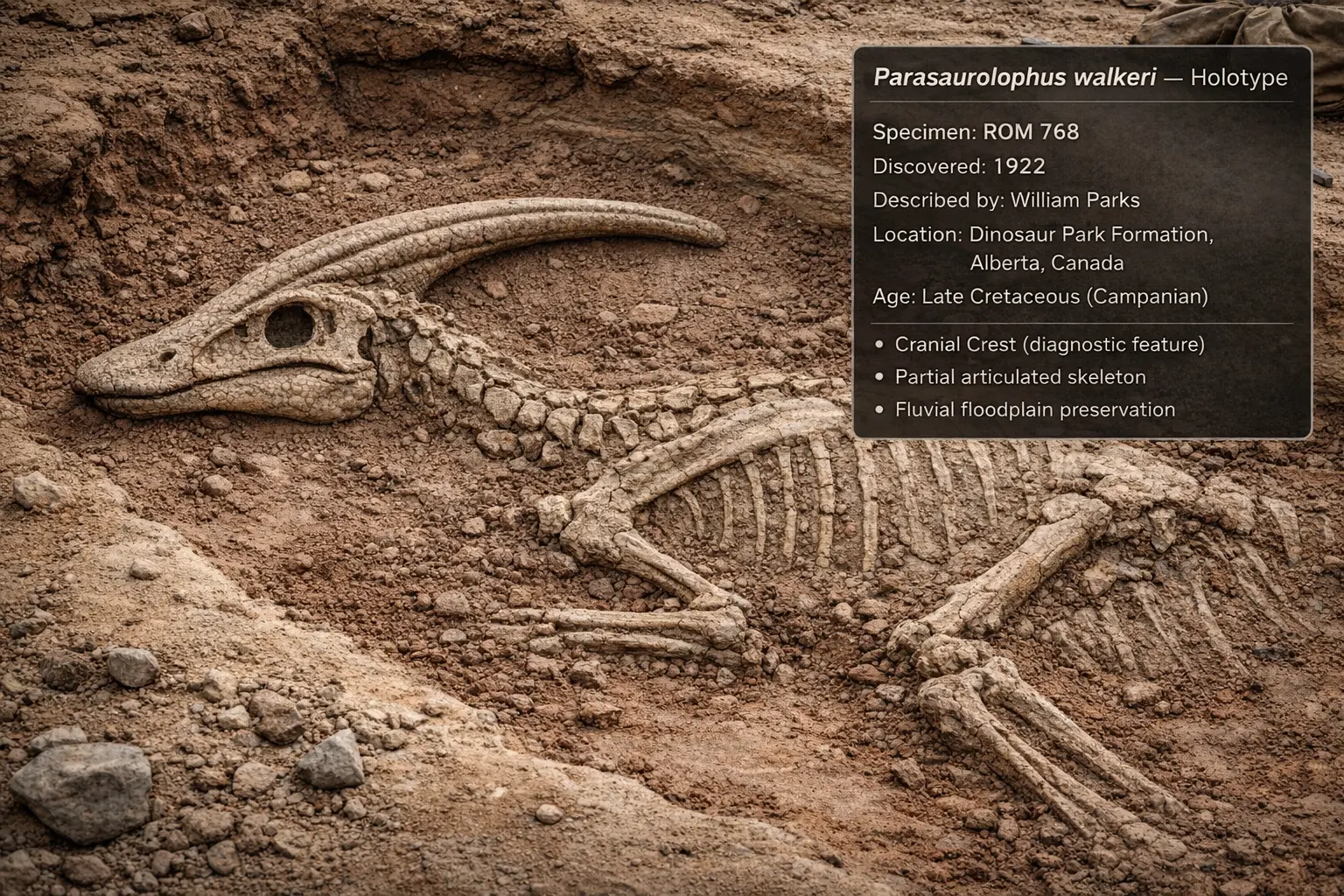Parasaurolophus fossil discovery showing holotype specimen ROM 768 in excavation with labeled inset describing fossil details and origin.
