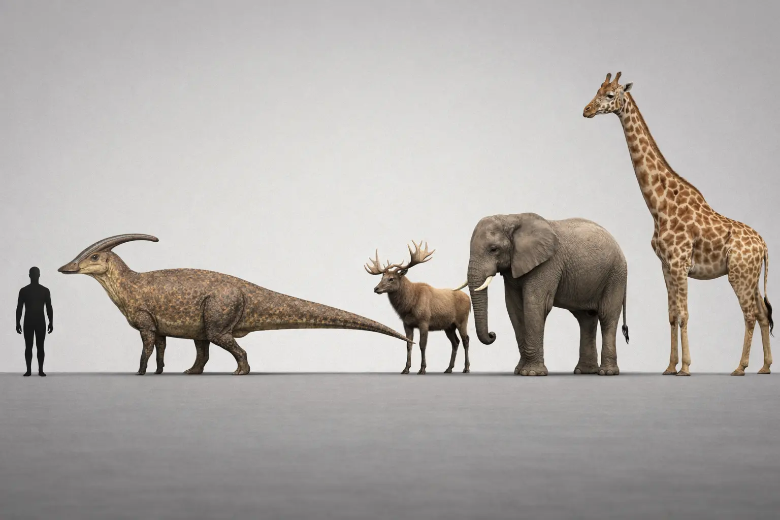 Size comparison of Parasaurolophus walkeri with human silhouette, elk-like ungulate, African elephant, and giraffe shown side by side in accurate scale