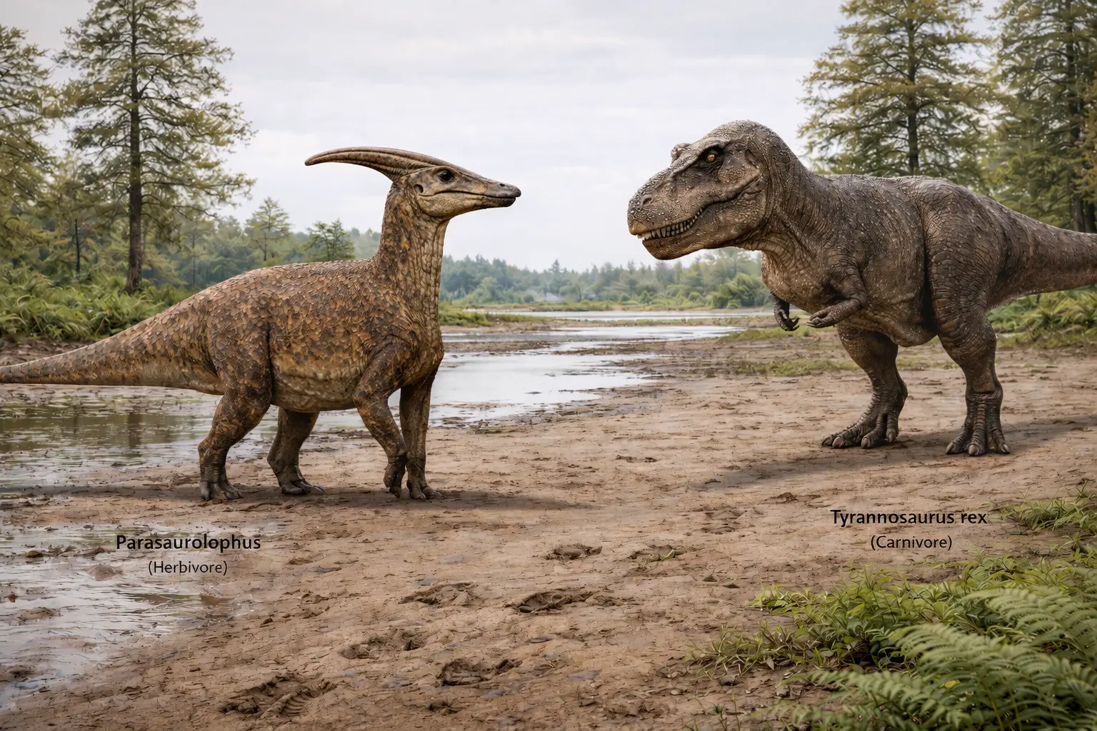 Parasaurolophus walkeri and Tyrannosaurus rex facing each other at a cautious distance in a Late Cretaceous floodplain, showing accurate posture and behavior without aggression