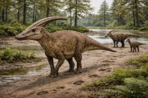 Parasaurolophus walkeri group with two adults and one juvenile on a Late Cretaceous floodplain showing natural spacing, locomotion posture, and trackway footprints in muddy sediment
