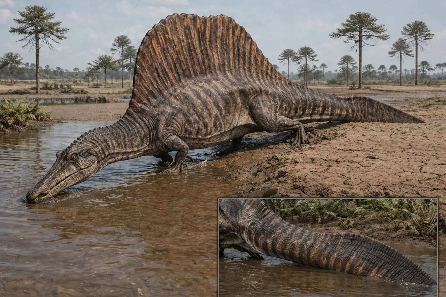 Photorealistic Spinosaurus aegyptiacus spanning a land–water boundary in the Kem Kem Beds, showing a tall sail, short hindlimbs, and a deep paddle-like tail partially submerged in a shallow river while stepping onto a cracked mudbank