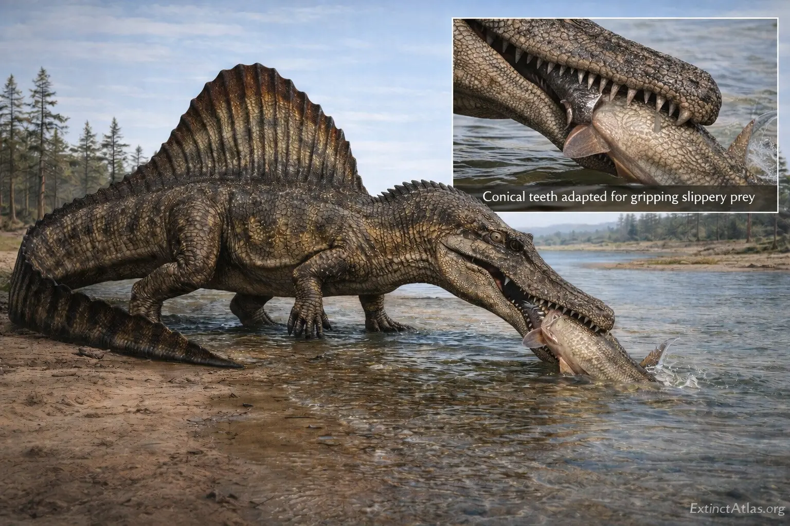 Spinosaurus aegyptiacus feeding on fish in shallow Kem Kem river with inset close-up showing conical teeth adapted for gripping slippery prey