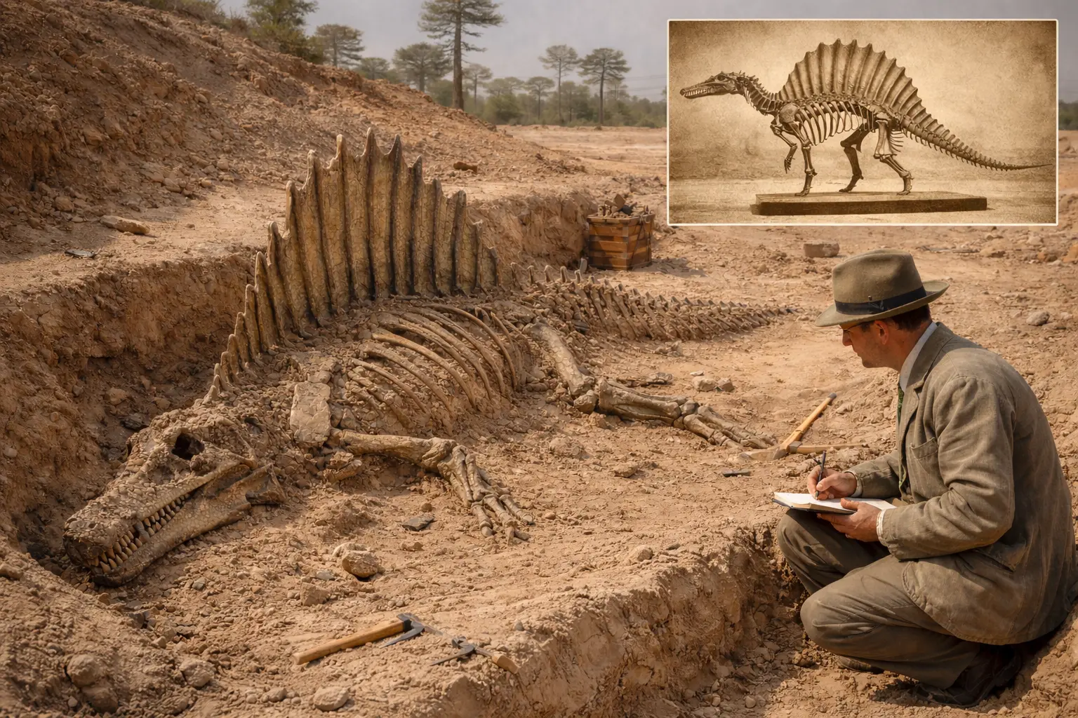 Photorealistic Spinosaurus aegyptiacus fossil excavation showing partially articulated skeleton with tall sail vertebrae in a desert trench, observed by an early 20th-century paleontologist, with inset of historical mounted skeletal reconstruction