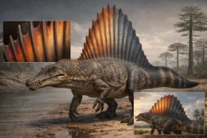Photorealistic composite of Spinosaurus aegyptiacus highlighting its tall dorsal sail with close-up inset of membrane and spines and a secondary inset showing warm and cool light contrast for thermoregulation in a Kem Kem mudflat environme