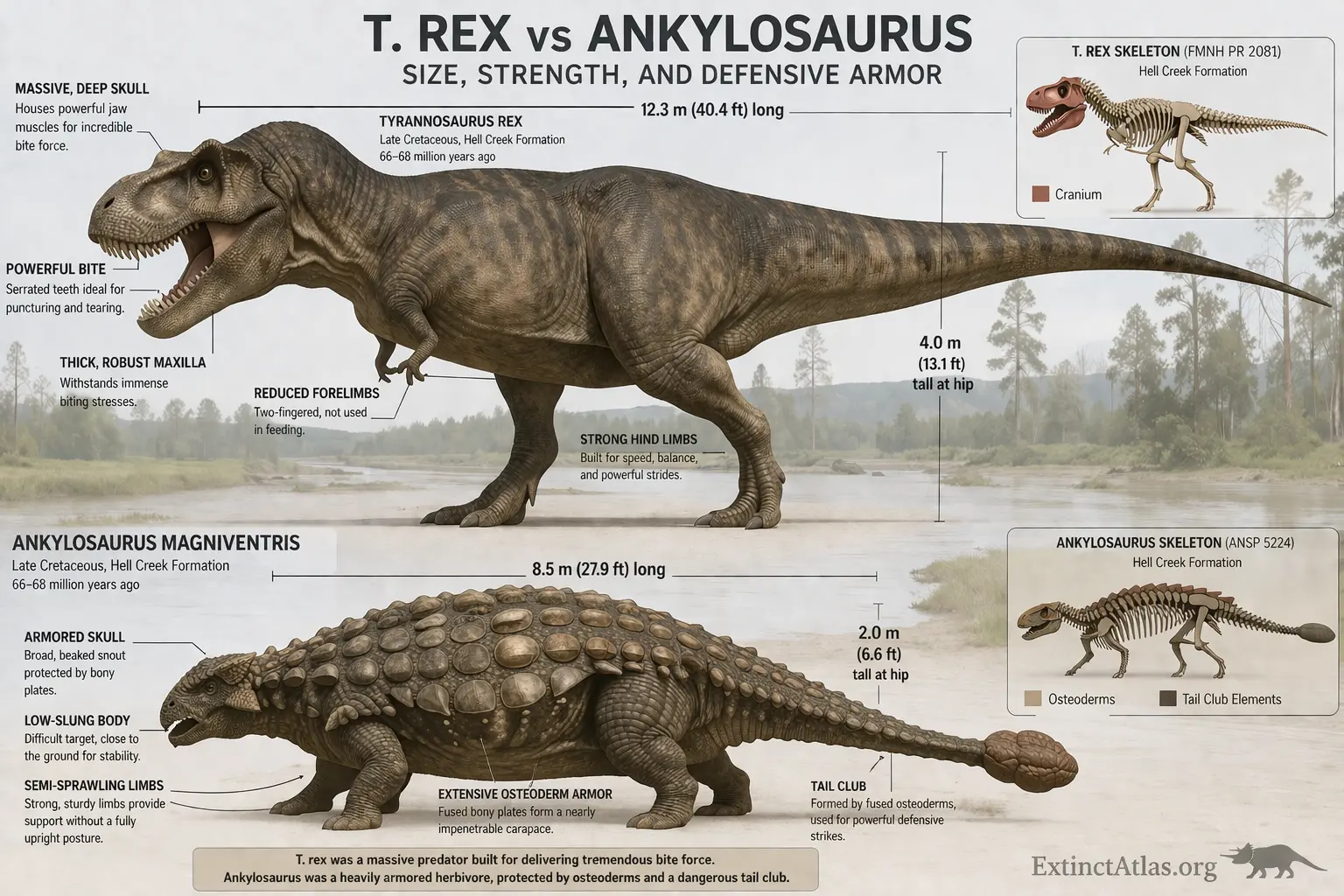 Scientific comparison infographic showing Tyrannosaurus rex and Ankylosaurus magniventris with labeled anatomy, size differences, bite force versus defensive armor, osteoderms, tail club structure, and skeletal reconstructions from the Late Cretaceous Hell Creek ecosystem.