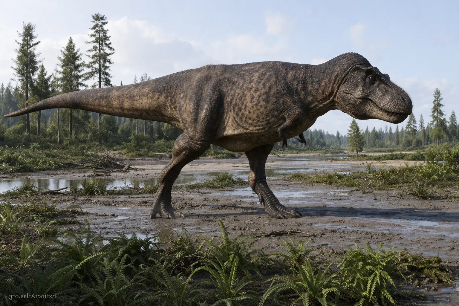 Photorealistic Tyrannosaurus rex walking across a muddy Hell Creek floodplain with shallow water channels, ferns in the foreground, scattered shrubs, and distant conifer trees under soft natural daylight.