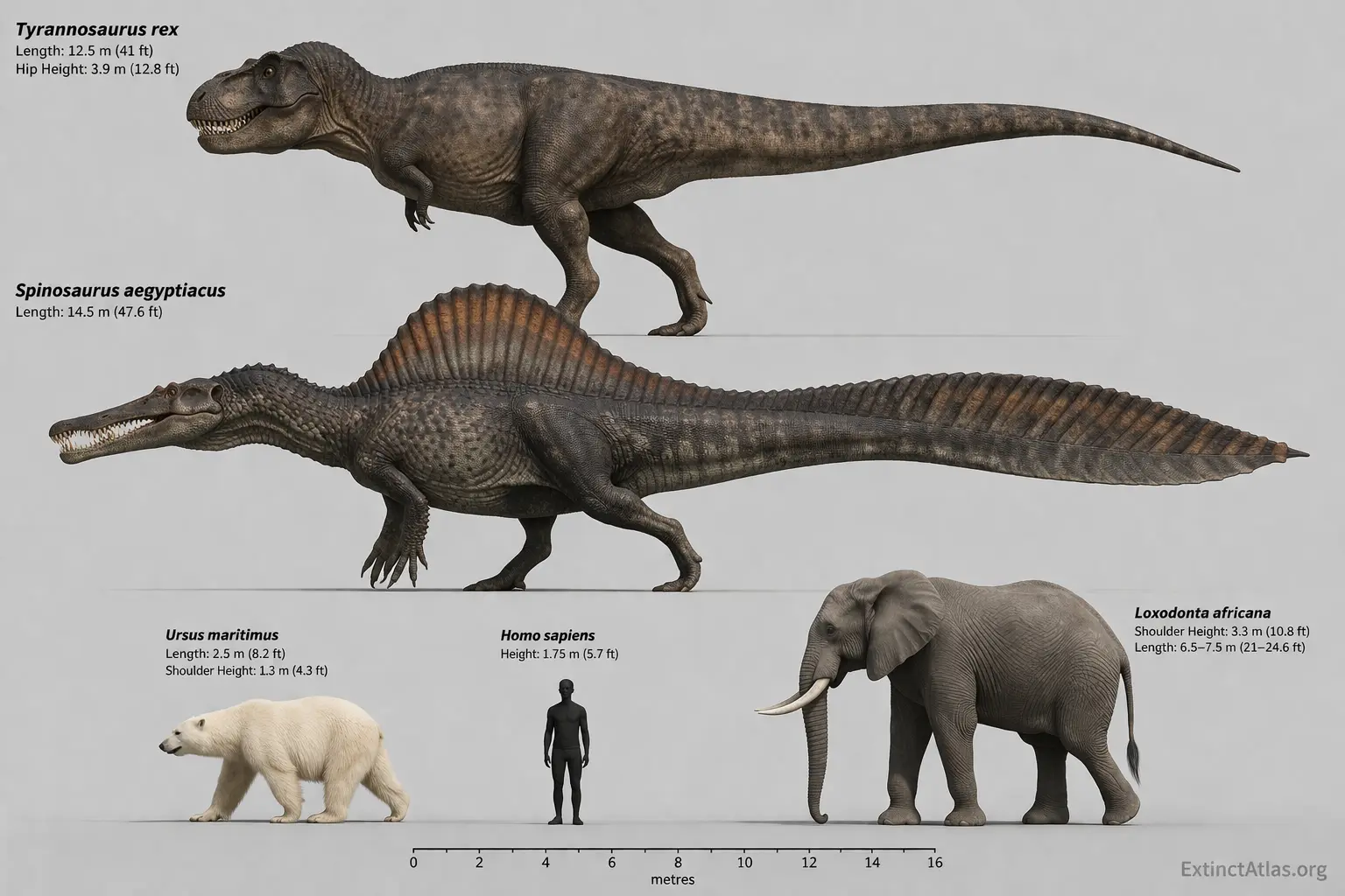 Scale comparison of Tyrannosaurus rex and Spinosaurus aegyptiacus with a human, polar bear, and African elephant, showing accurate semi-aquatic Spinosaurus with short hindlimbs and finned tail alongside robust T. rex in lateral view