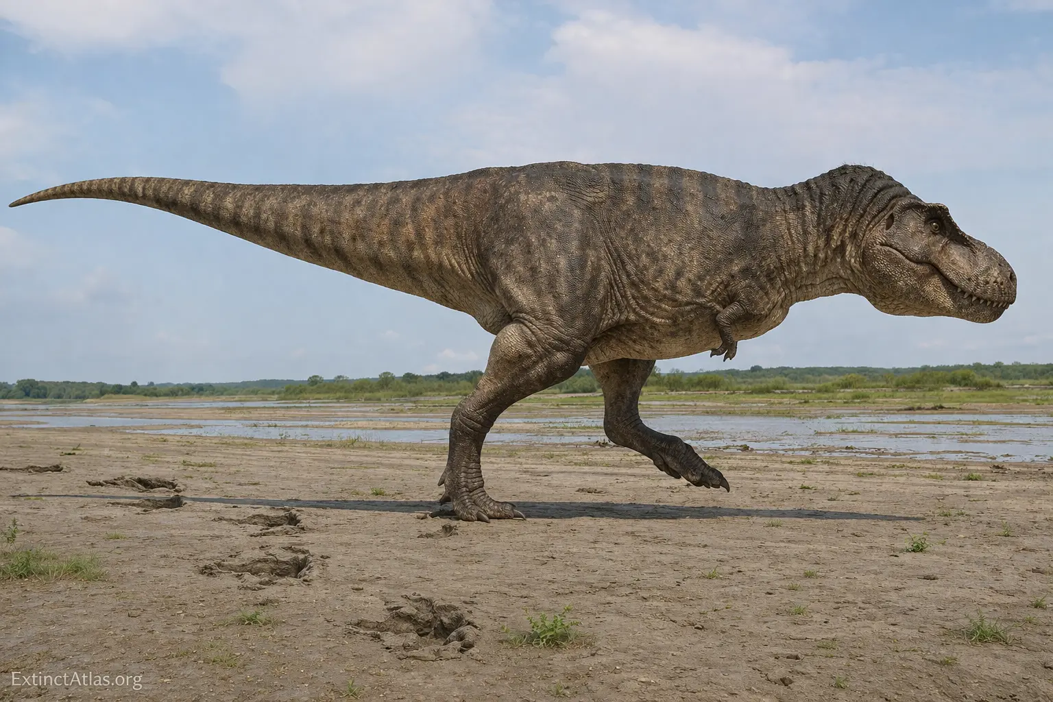 Tyrannosaurus rex in lateral profile with accurate proportions and body mass, shown walking in a Late Cretaceous floodplain environment with balanced posture and robust skull anatomy