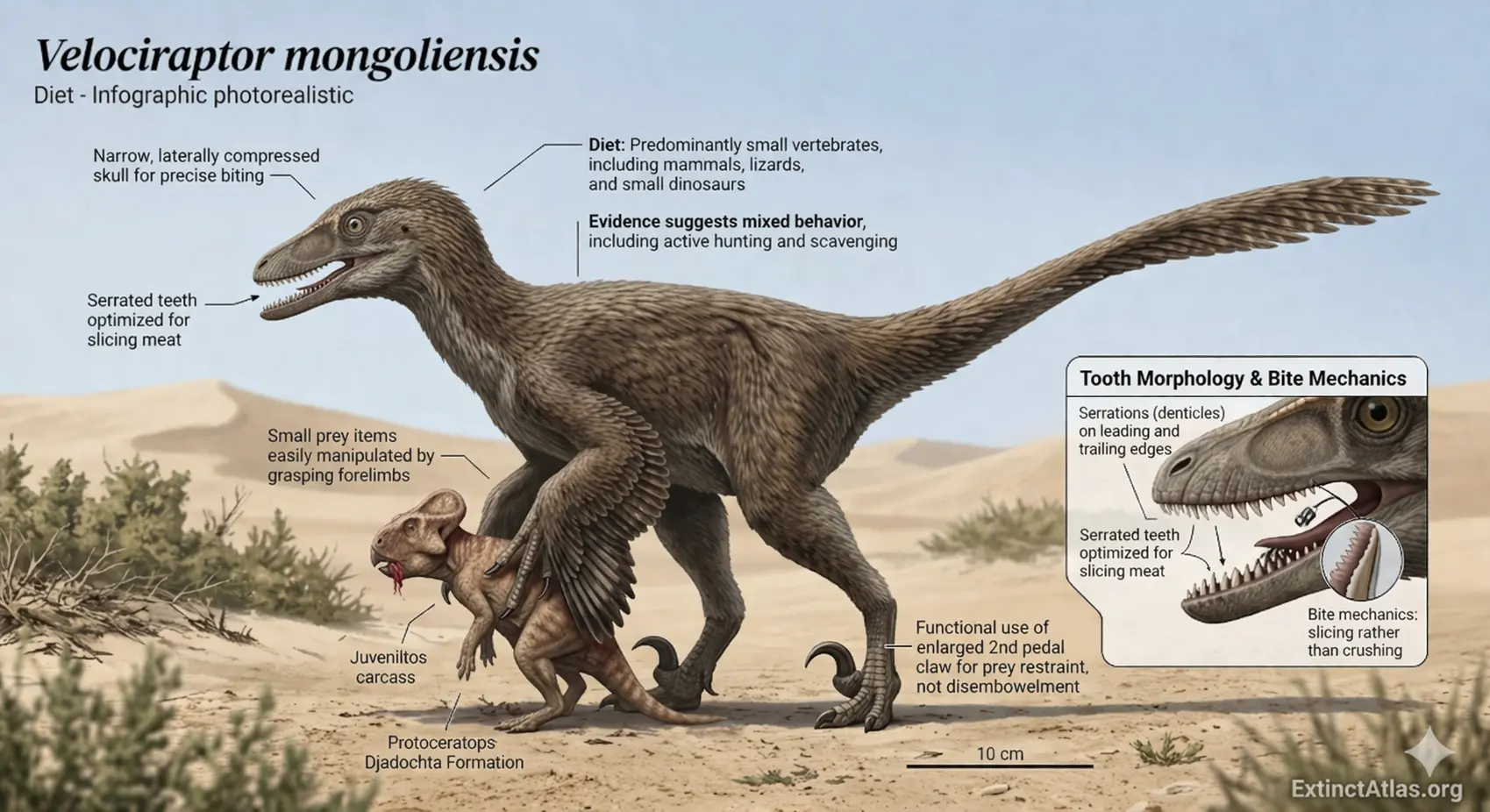 Photorealistic infographic of Velociraptor mongoliensis showing feathered body, reduced orbital size skull, serrated teeth, and hunting behavior with small prey in a desert environment, including tooth morphology and bite mechanics details.