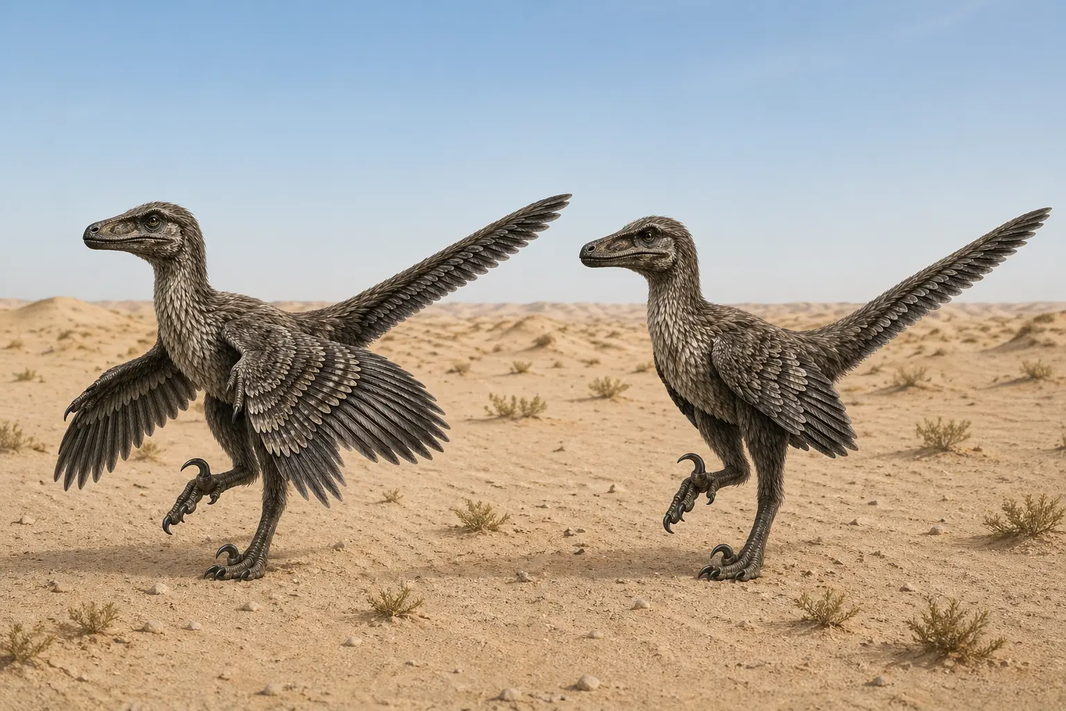 Feathered Velociraptor mongoliensis in Late Cretaceous Djadokhta desert showing pennaceous wing feathers and full-body contour feather coverage in side-by-side semi-infographic views