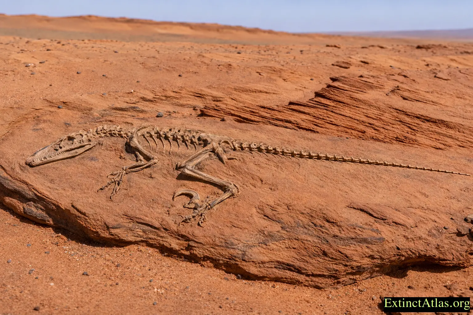 Partially exposed Velociraptor mongoliensis fossil in Djadokhta Formation sandstone showing articulated skeleton with raised enlarged sickle claw and straight stiffened tail in desert dune environment