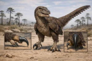 Photorealistic Velociraptor mongoliensis showing raised hyperextended sickle claw on second toe with both hindlimbs visible in Late Cretaceous Djadokhta desert environment, detailed feathered anatomy and inset close-ups of the claw