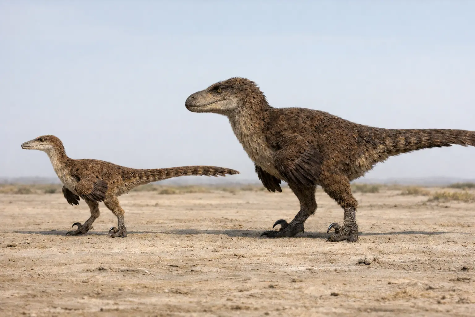 Photorealistic side-by-side comparison of Velociraptor and Deinonychus showing clear size difference, with Velociraptor smaller and gracile with a narrow skull, and Deinonychus larger with a deeper, more robust head and heavier build