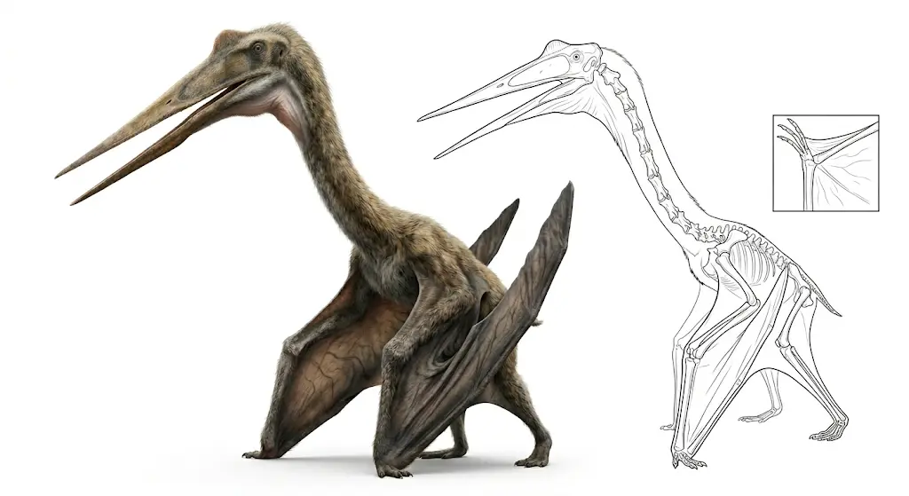 Scientific taxonomy illustration of Quetzalcoatlus northropi showing photorealistic reconstruction alongside skeletal comparison highlighting azhdarchid classification traits