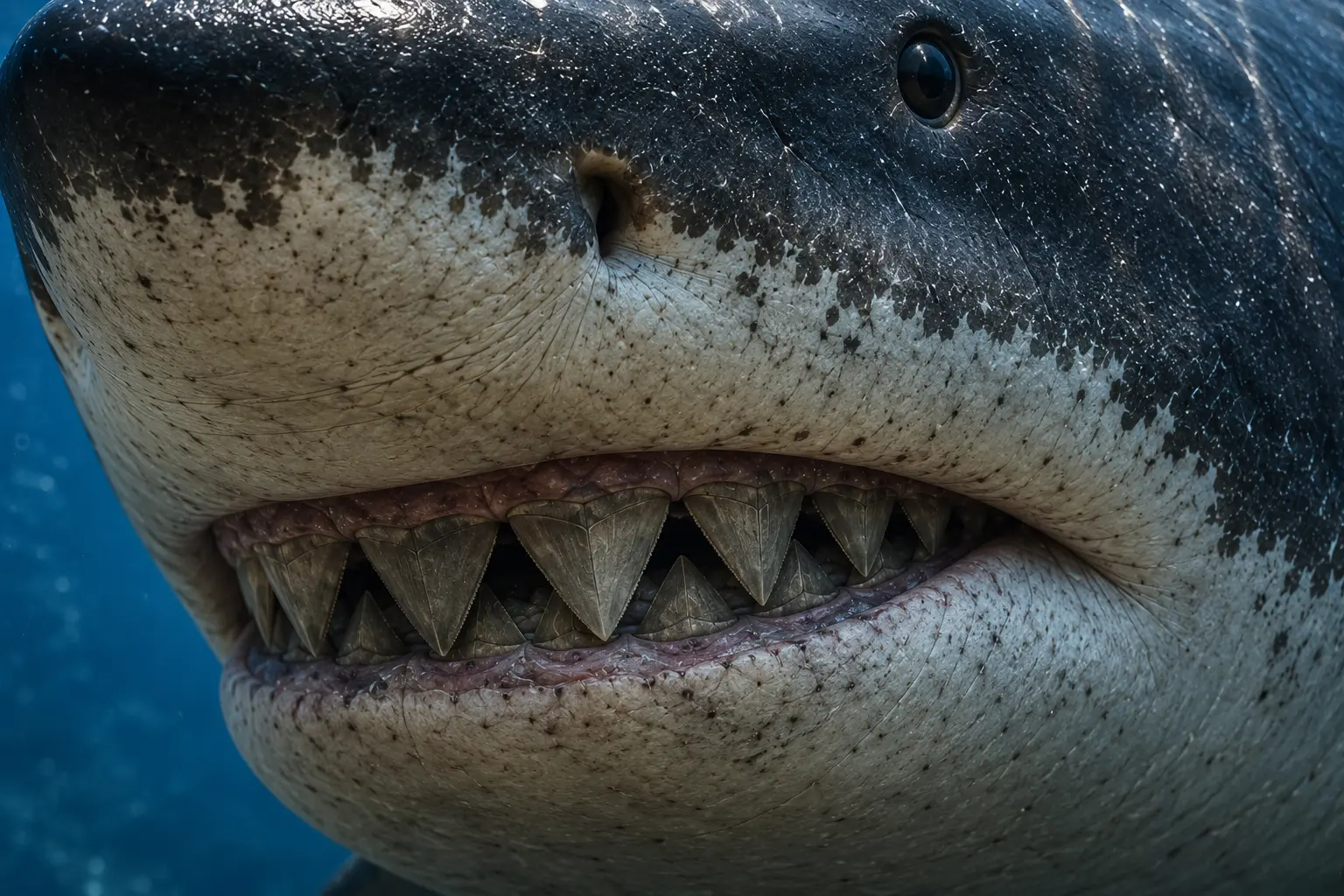 Scientifically reconstructed megalodon (Otodus megalodon) swimming above fossil teeth and whale vertebrae, illustrating the enormous serrated teeth, jaw structure, and bite force of the extinct giant shark.
