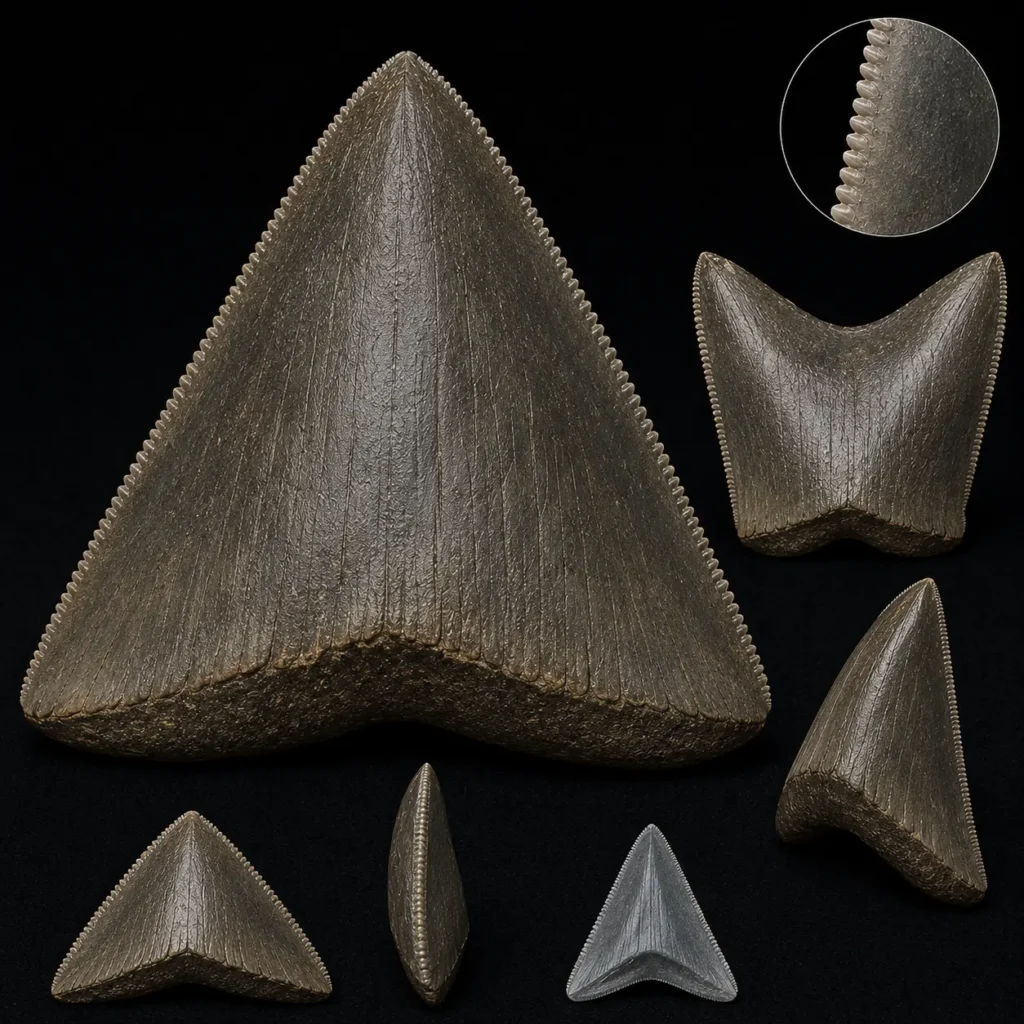 Well-preserved Megalodon tooth fossil displaying crown shape, root structure, side profile and finely serrated cutting edges