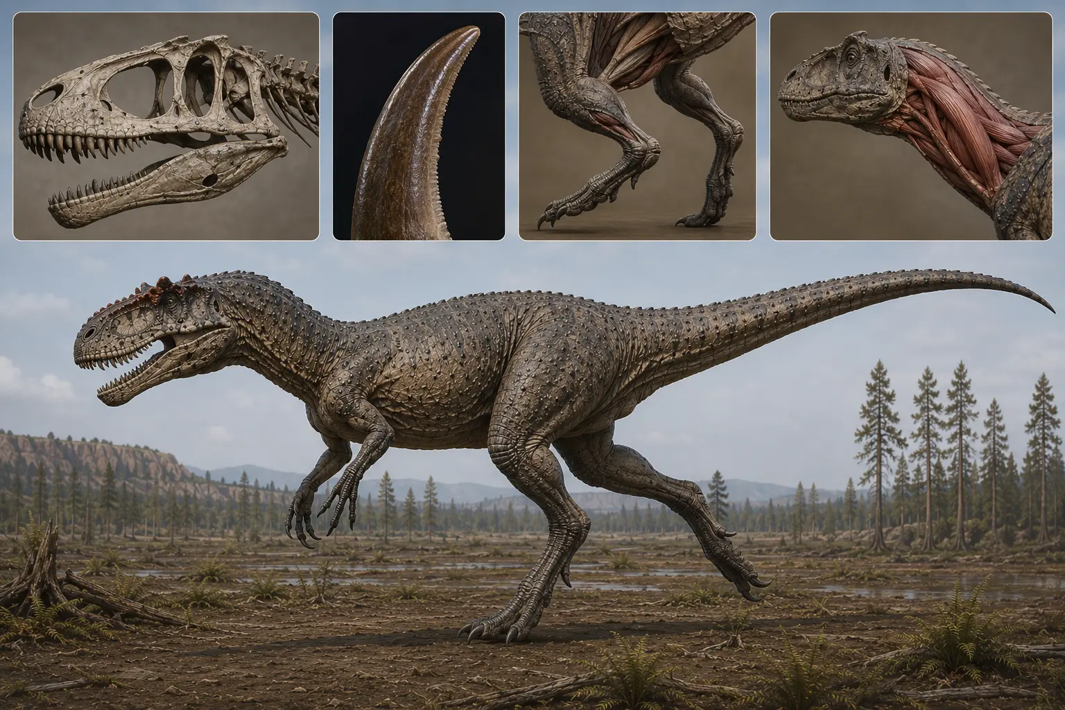 Allosaurus biomechanics composite showing bite force, speed, and hunting mechanics