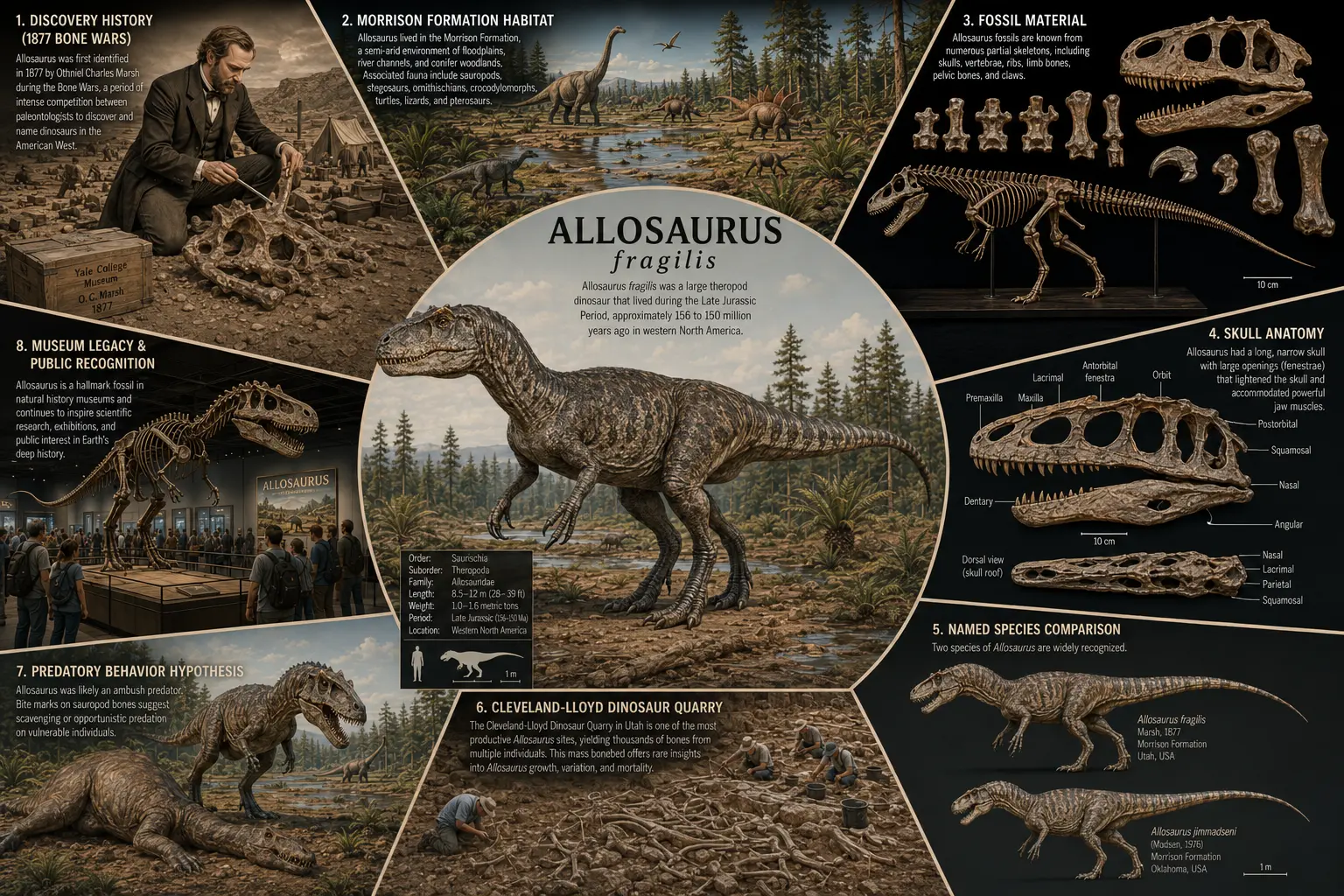 Scientifically accurate Allosaurus fragilis infographic showing discovery history, Morrison Formation habitat, fossil material, skull anatomy, named species comparison, Cleveland-Lloyd quarry, predatory behavior, and museum skeleton exhibit
