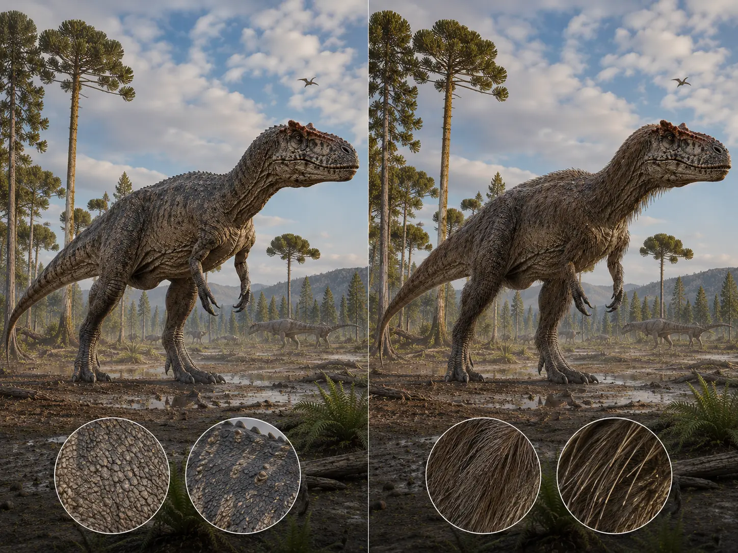 Comparison of scaly and hypothetical feathered Allosaurus reconstructions